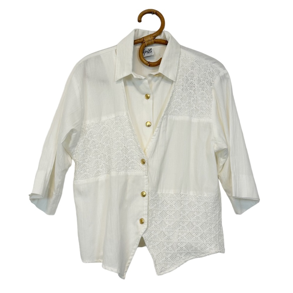 Vintage | Tap & Co | White Layered Crochet‎ Panel Button Front Blouse